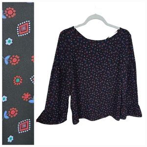 LOFT Petite Black Geo Floral Bell Sleeve Mixed Media Top Women's Blouse XSP